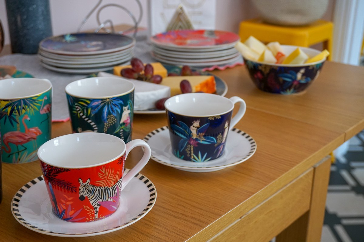 Sara Miller London Portmeirion Tahiti collection, mug, teacup, saucer, plate, cakestand